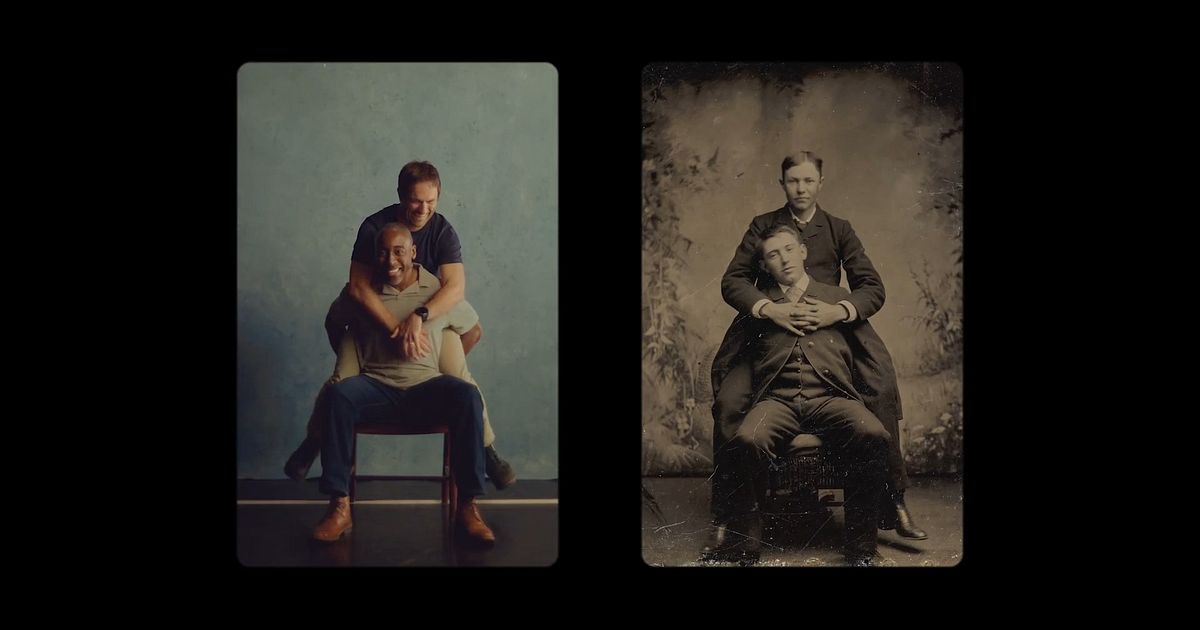 Two friends recreate a vintage photo of one man sitting on another’s lap, beside the original tintype