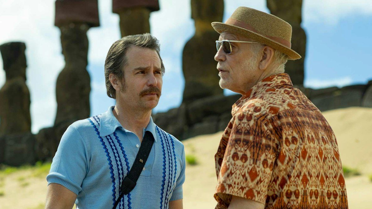 Sam Rockwell and John Malkovich among the Moai in Wild Horse Nine